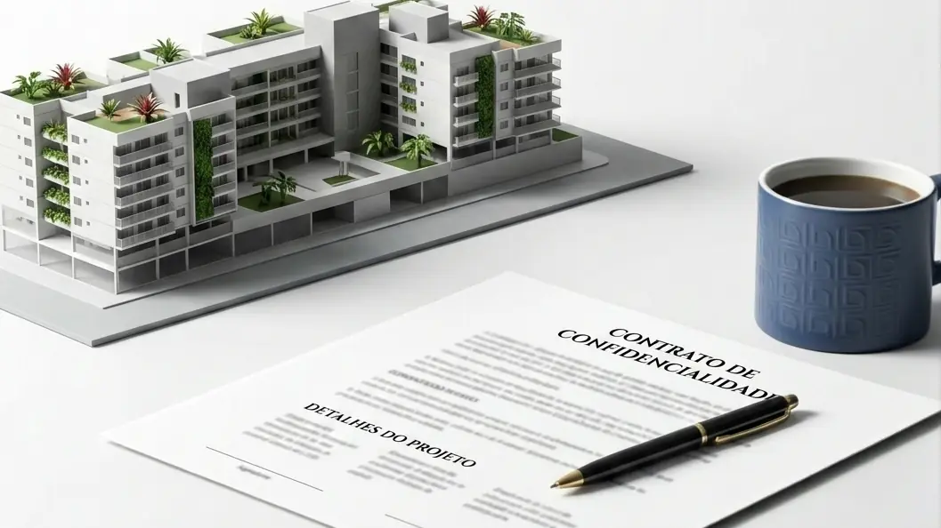 Maquete de empreendimento ao lado de um contrato
